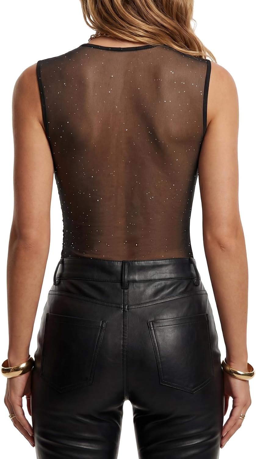 Rooscier Women's Glitter Mesh Sleeveless Sheer Back Ruched Sexy Going Out Bodysuit Tops