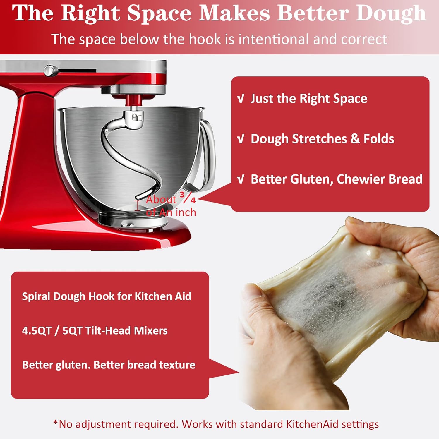 Stainless Steel Spiral Dough Hook for KitchenAid Tilt-Head Stand Mixers 4.5 & 5 Quart, Rustproof Replacement Dough Hook for Bread, Pizza, Pasta & Cookie Dough