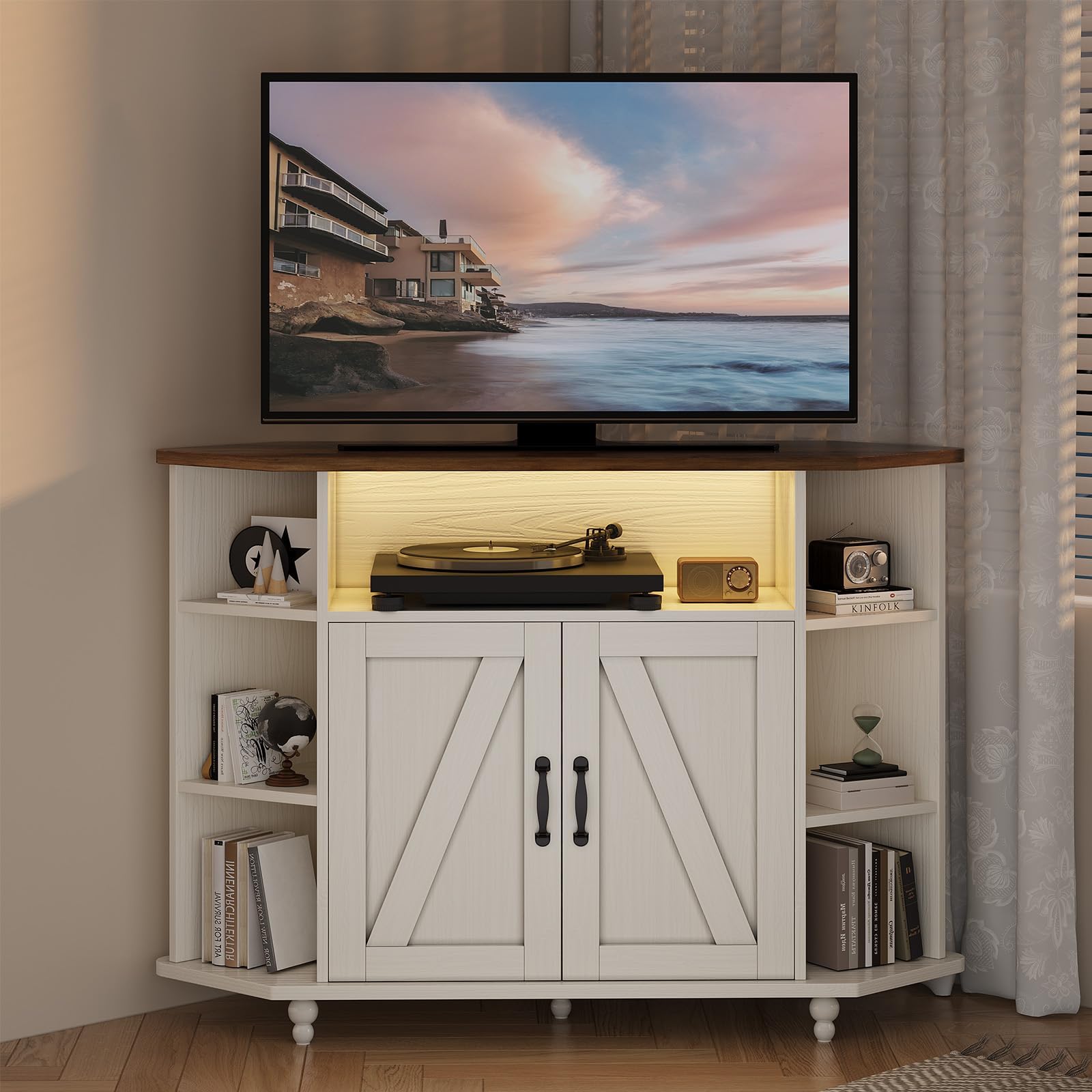 4 ever winner corner tv stand for 50 inch tv, farmhouse corner entertainment center with led lights and adjustable shelves, corner tv cabinets with barn doors for living room, white