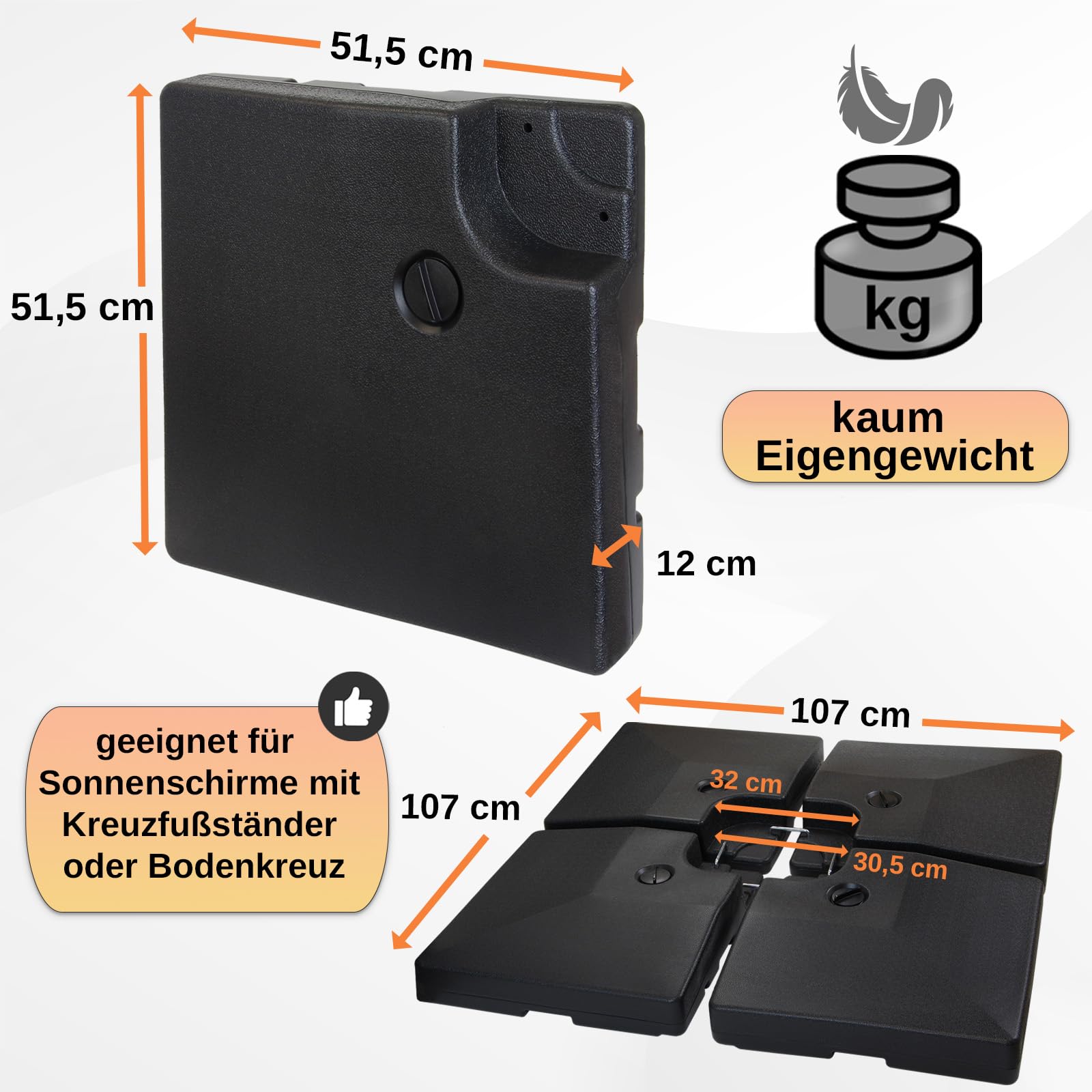 Montafox Sonnenschirmständer 4-teilig Schirmgewicht für Ampelschirm Bodenkreuz schwarz 90 Liter / 150 kg - befüllbar mit Wasser oder Sand 7 Jahre Garantie auf Material*