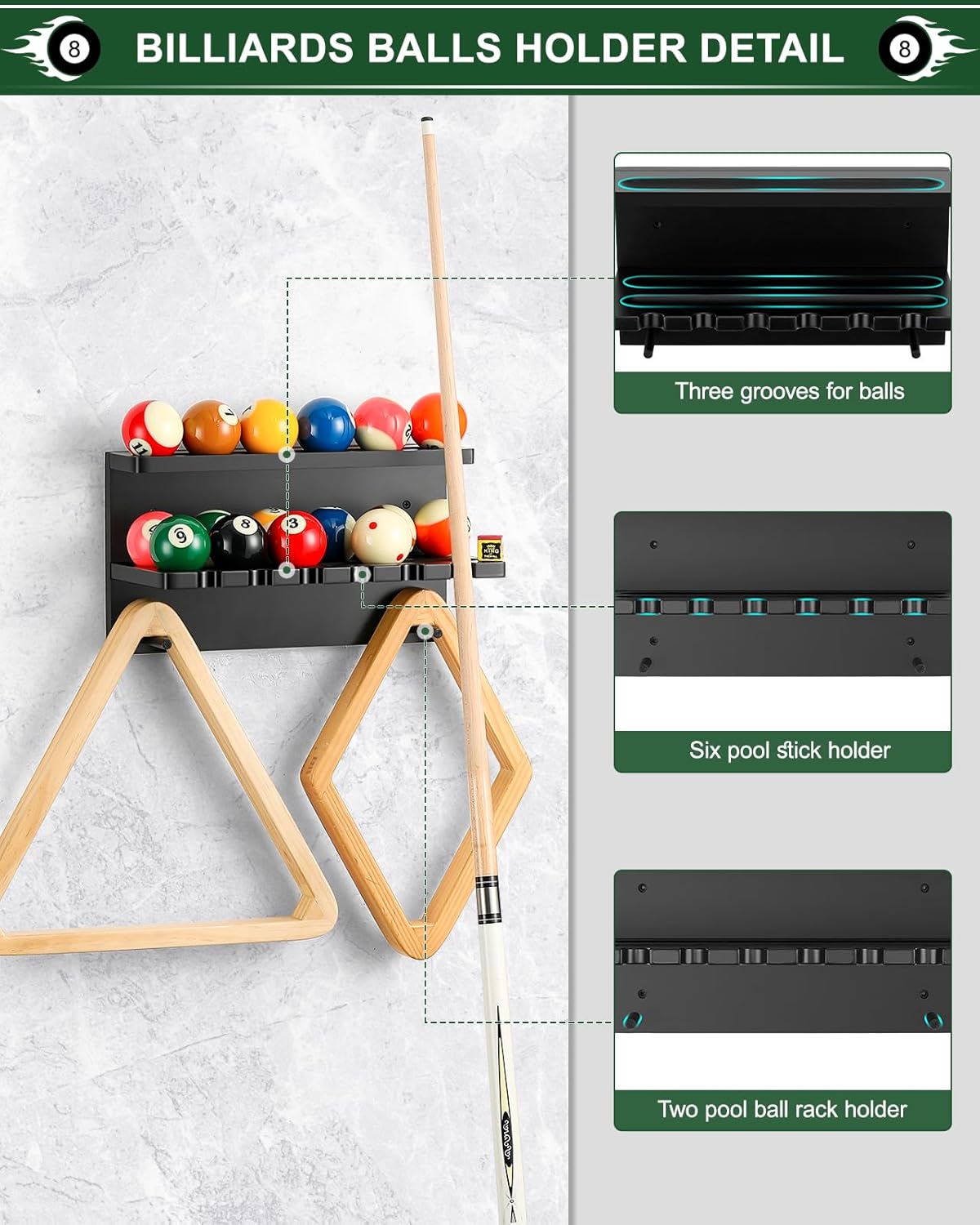 Pool Cue Holder for 8 Cues and Billiard Balls Rack Bundle