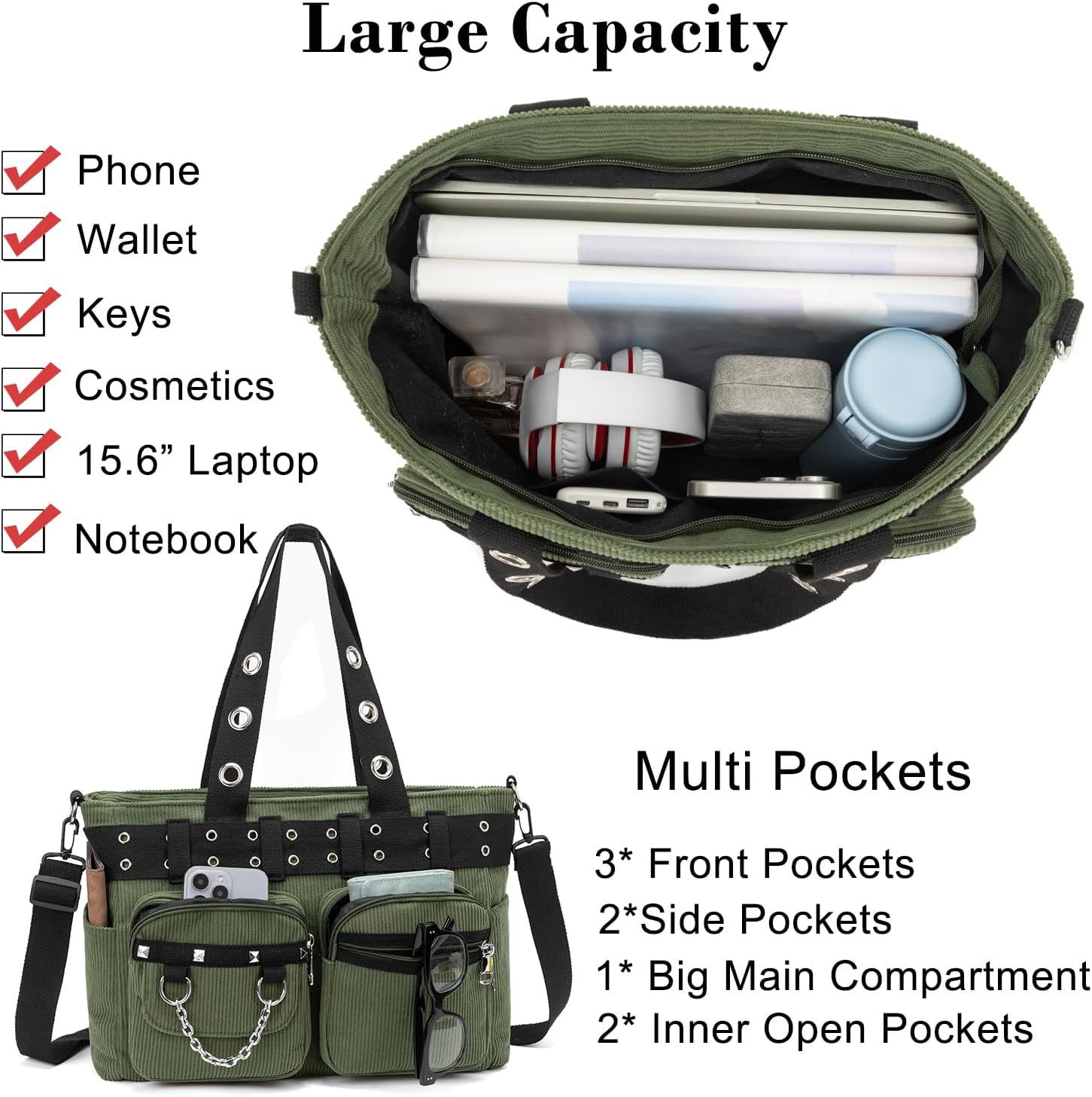 Tote Bag for Women, Corduroy Gothic Purse Goth Bag with Zipper for College, Work, Travel, Gym