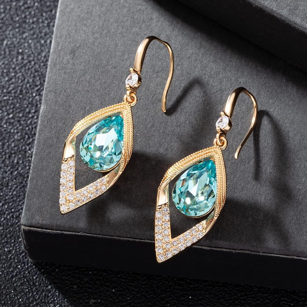 Austrian Crystal Teardrop Hollow Leaf Drop Dangle Earrings for Women 14K Rose Gold Plated Hypoallergenic Jewelry - Image 3