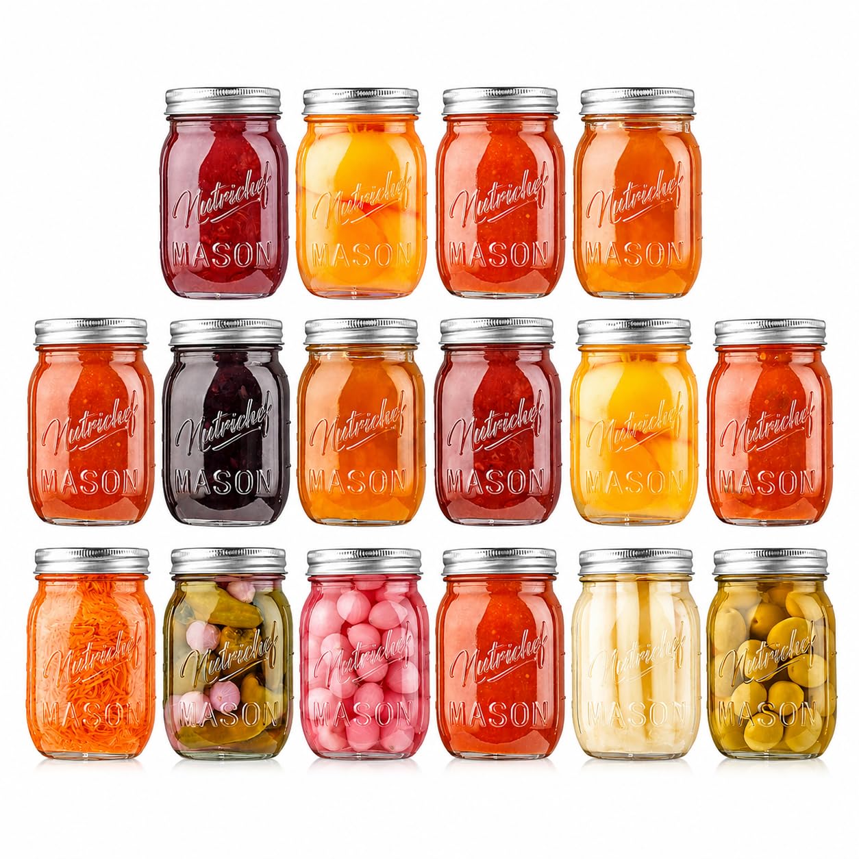 NutriChef Glass Jars With Lids – 16 Pack 450 ml Mason Jars, Thick Glass Leakproof Storage for Overnight Oats, Yogurt, Jam, Honey, Pickling and Food Prep