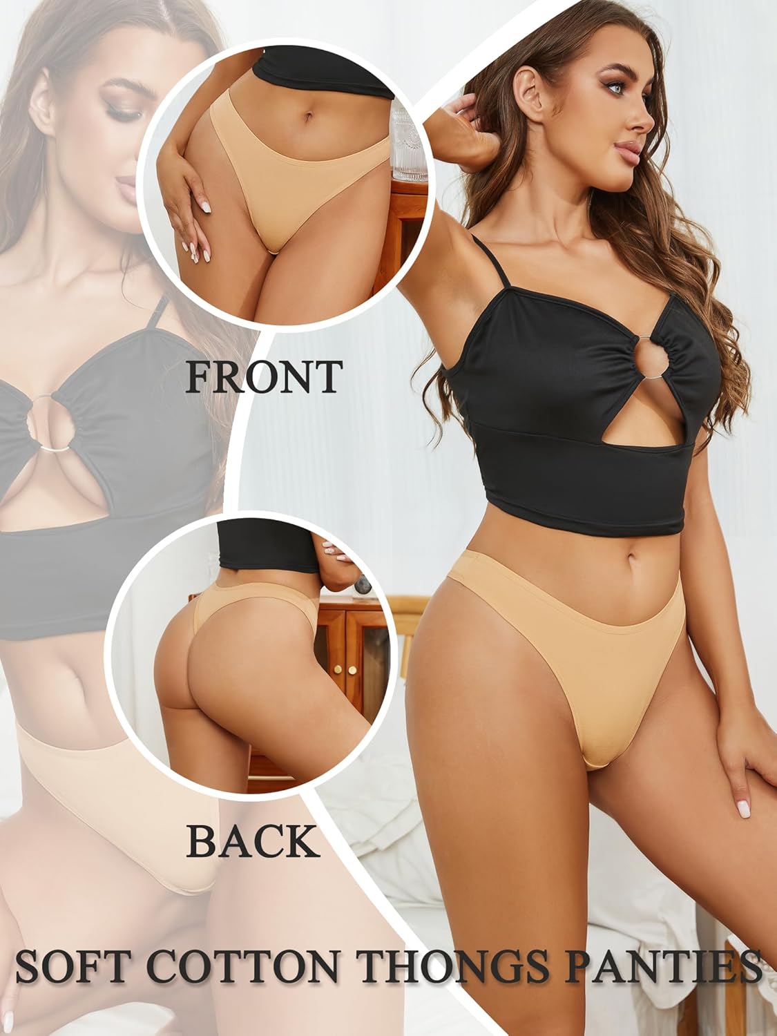 Bolivelan Womens Thongs Underwear Cotton Breathable Stretch Panties Low Rise Hipster 6 Pack - Image 2