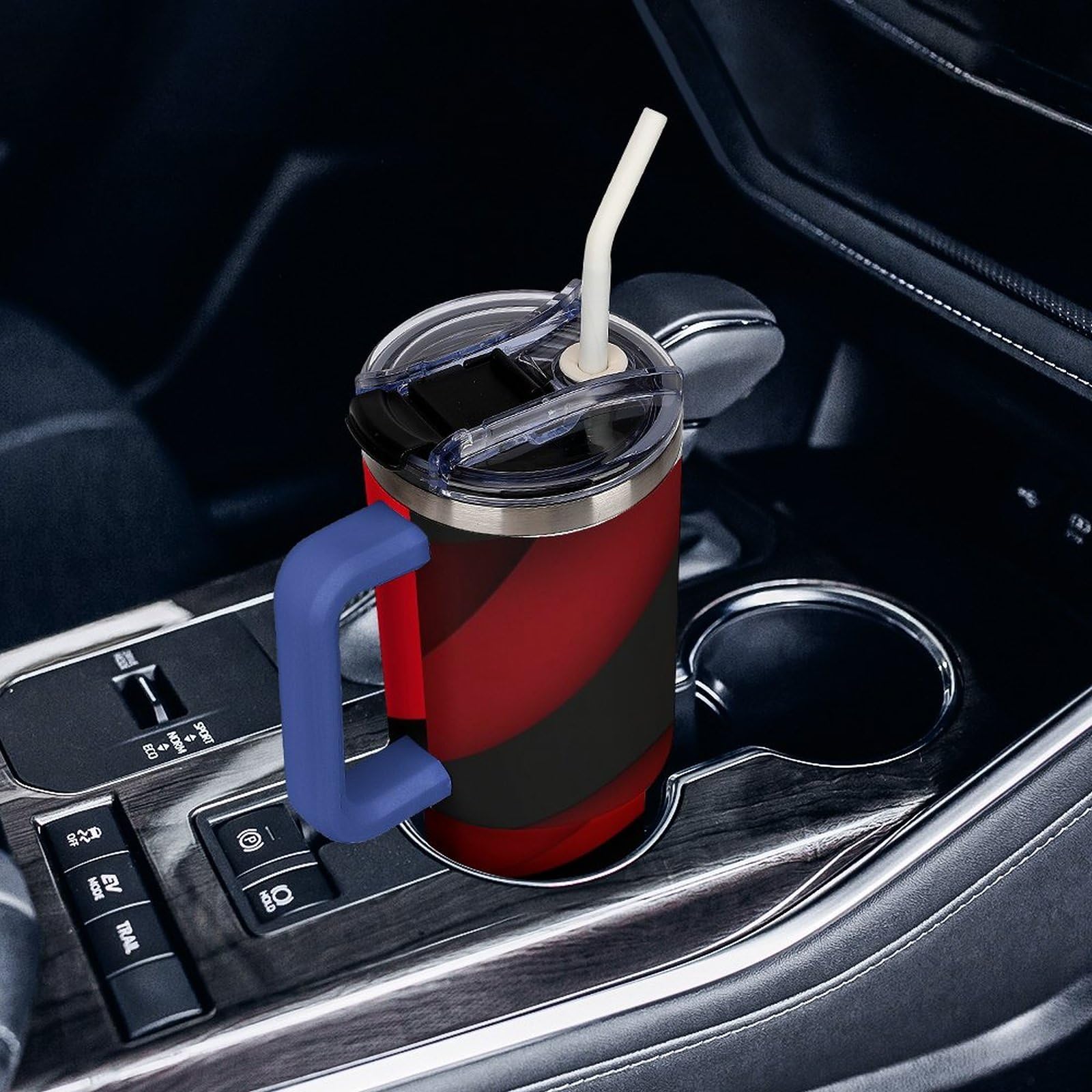 Autobecher aus 304er Edelstahl, mit Strohhalm und auslaufsicherem Deckel, großes Fassungsvermögen, vakuumisolierter Reisebecher für Auto-Becherhalter, 1,2 l, Rot / Schwarz