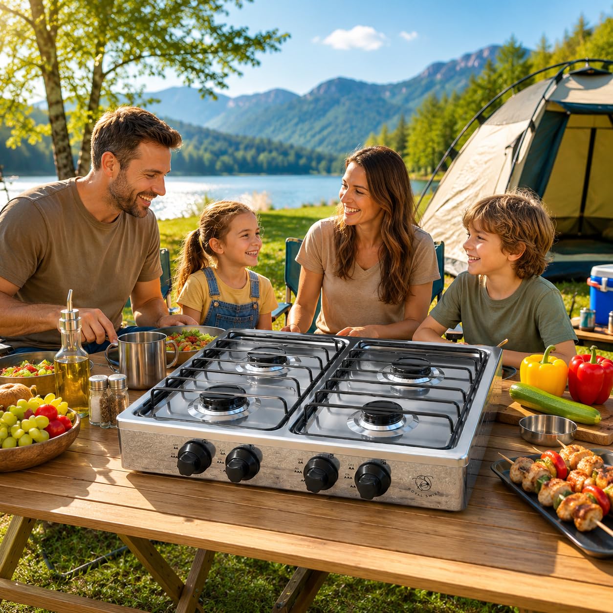 Royal Swiss 4-flammiger Gasherd AOTE-6004, LPG Kochfeld mit Aluminium-Druckgussbrennern, Tragbarer Gaskocher für Butan Propan, Metallgehäuse, Zündung, Camping Garten Balkon