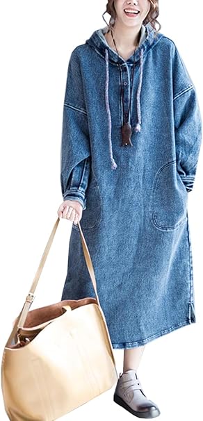 Amazon Co Jp Kinikiss レディース 森ガール ワンピース ジーンズデニム 長袖 春秋 オーバーサイズ ロングドレス デニムブルー 着痩せ フード付き カジュアル おしゃれ ブルー ワンサイズ ファッション