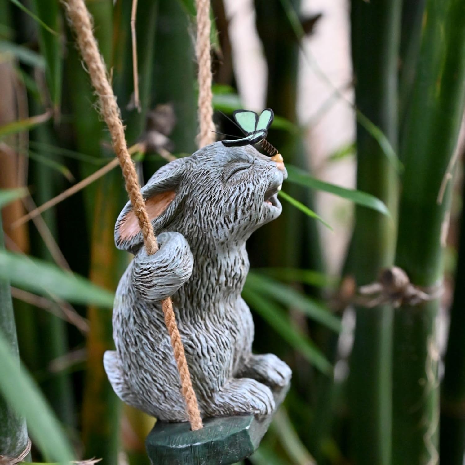 OwMell Garden Rabbit Statues, Cute Swing Bunny with Butterfly Statue Decoration for Yard Hanging Outdoor, Tree Ornaments Figurine for Stump Branch Lawn Patio Decor