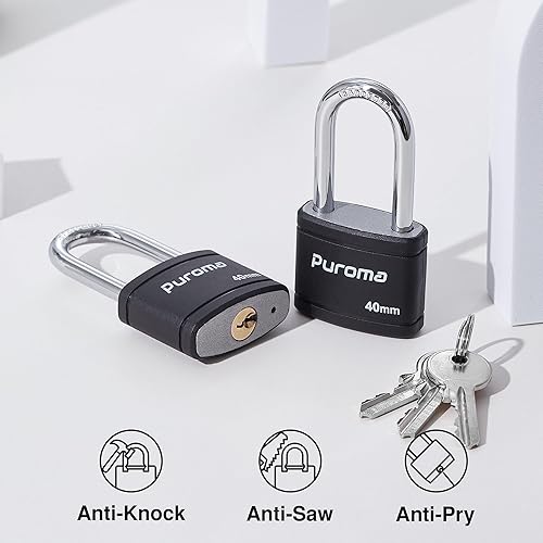 Miniatura 3 de Puroma Paquete de 2 candados con llave con 3 llaves iguales, cerradura de casillero de 1.8 pulgadas, cerraduras de alta resistencia para puerta,
