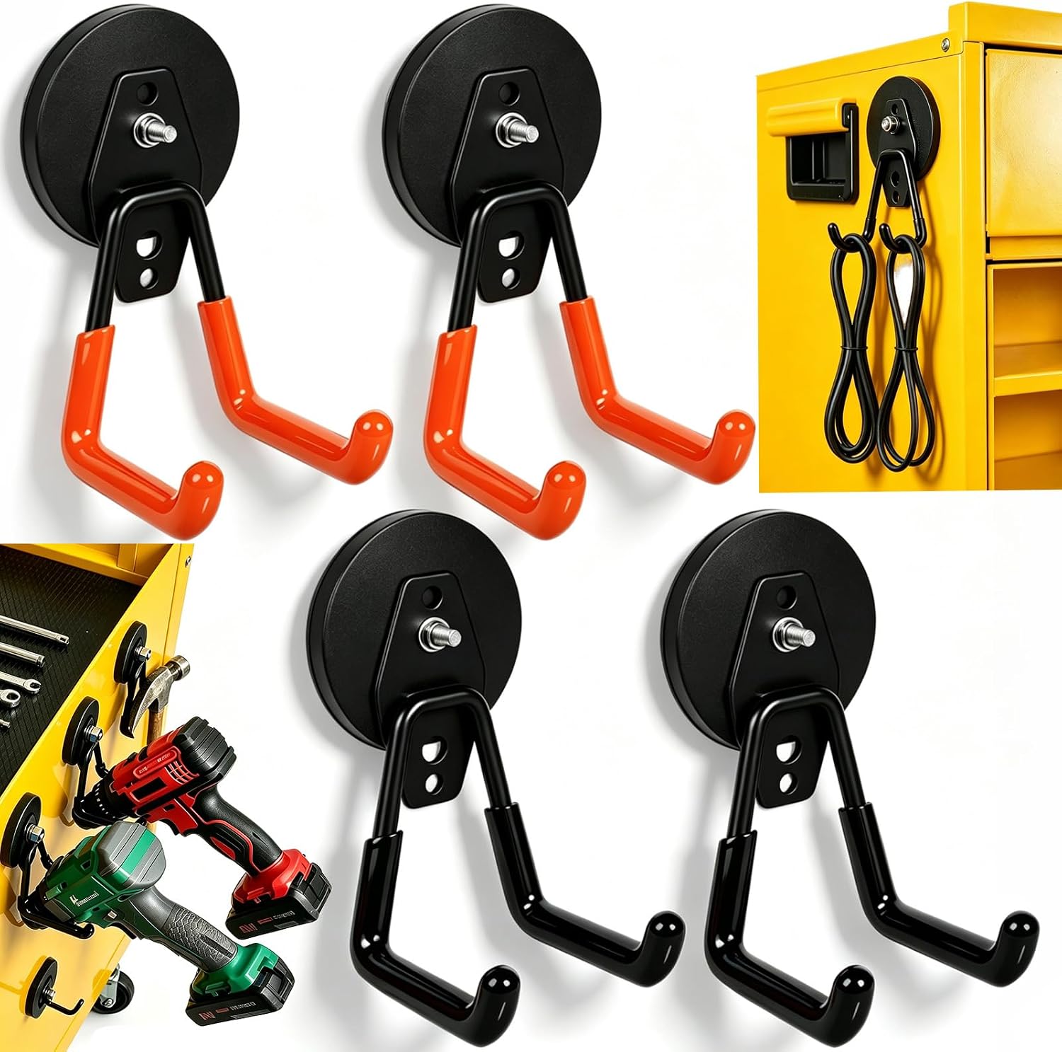 4 Pack Strong Magnet Hooks Heavy Duty, Rubber Coated No Damage Hook for Garage Storage, Dual Hook Design, Large Magnetic Hangers for Tools, Garden, Workshop (Orange2pcs + Black2pcs)