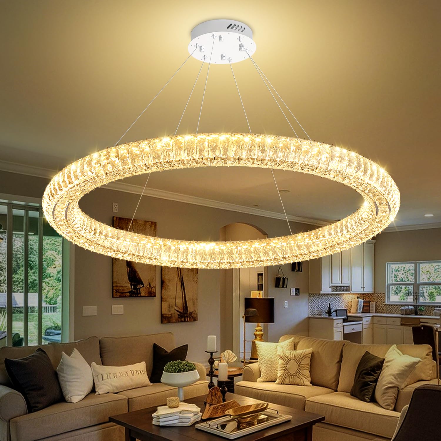 Modern LED Crystal Ring Chandelier Dimmable 47.5" Ring Pendant Light Adjustable Round Cry…