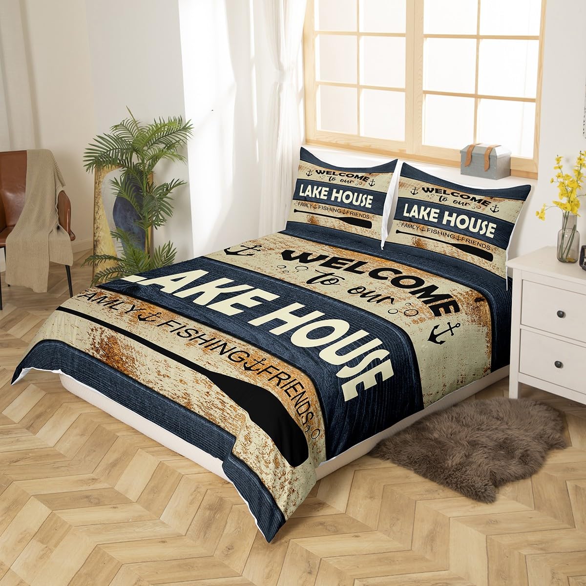 Lake House Queen Size Comforter Cover For Cabin Lodge,Rustic Farmhouse Bedding Sets Boating Fishing Theme Duvet Cover For Kids Teen Adult Lake Paddle Anchor Bed Set 2 Pillow Cases Country Room Decor