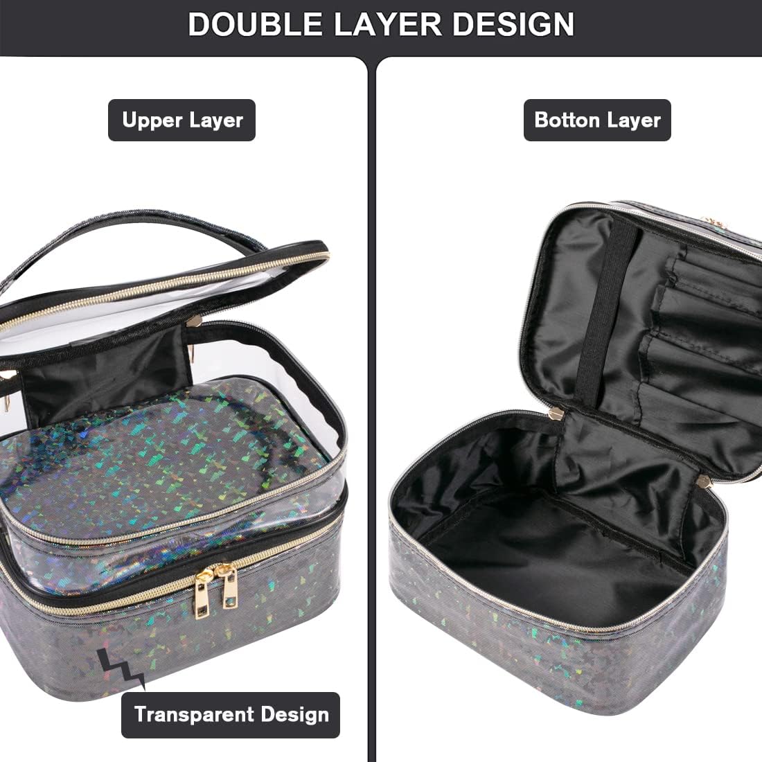 FITINI 3 Pieces Makeup Bags Double Layer Travel Large Holographic Cosmetic Cases Organizer Toiletry Bags Waterproof Small Zipper Pouch for Women Makeup Brush Storage Bag,Black - Image 3