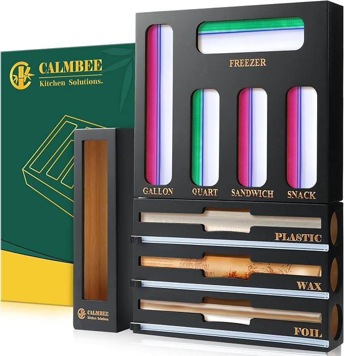 Calmbee 9 in 1 Bamboo Storage Bag Organizer for Kitchen Drawer – Plastic Wrap Dispenser with Cutter & Foil Organizer, Wooden Baggie Organizer for Sandwich, Snack, Gallon, Quart Sizes, Natural