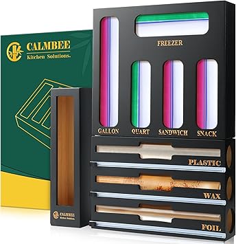 Calmbee 9 in 1 Bamboo Storage Bag Organizer for Kitchen Drawer Plastic Wrap Dispenser with Cutter & Foil Organizer, Wooden Baggie Organizer for Sandwich, Snack, Gallon, Quart Sizes, Black