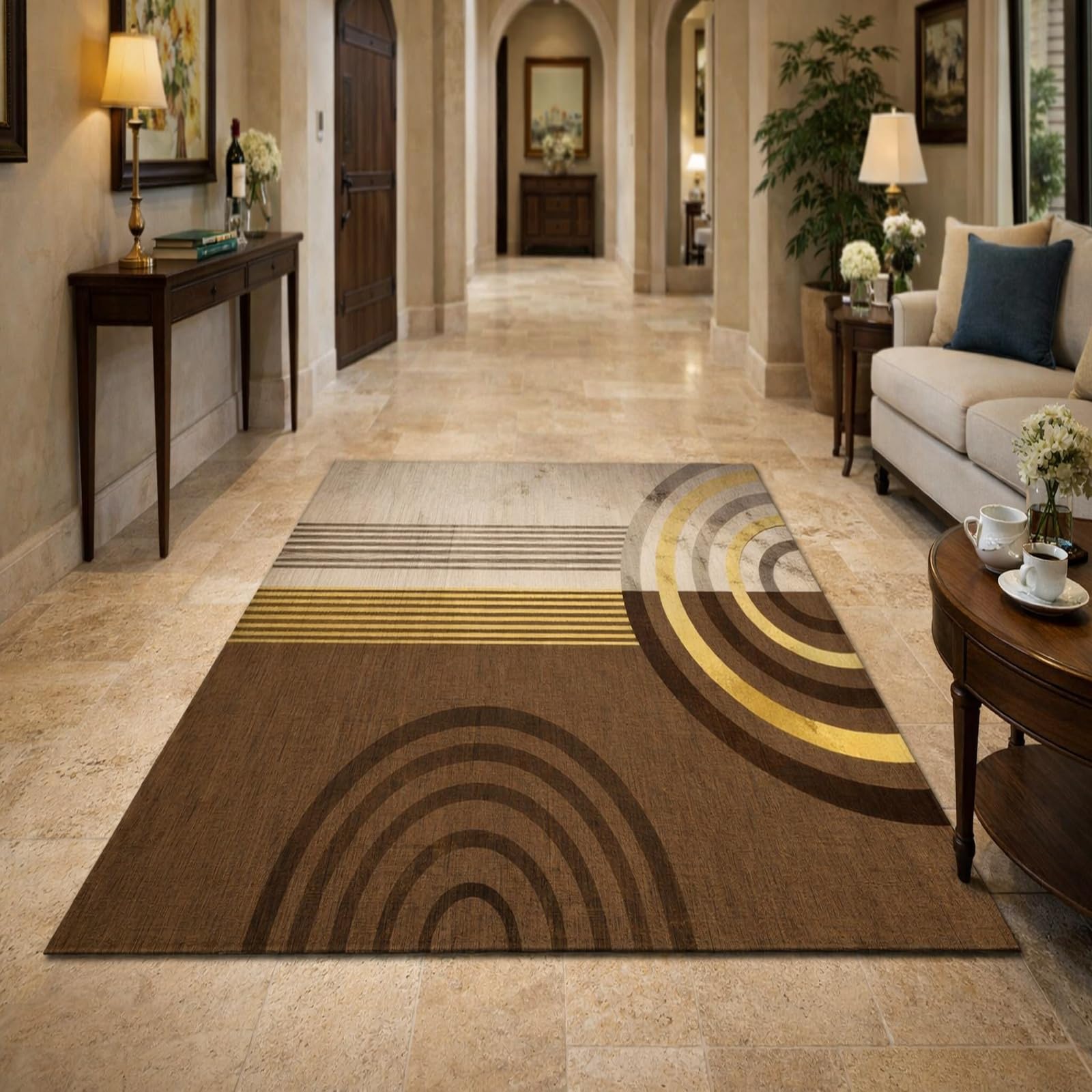 Tapis abstract gold modern geometric aux finitions soignées pour séjour