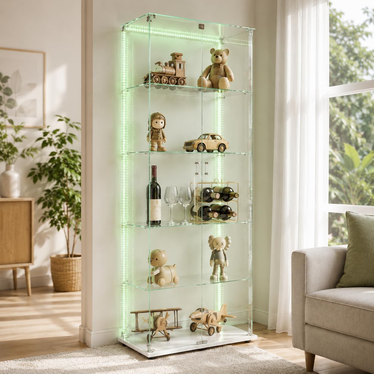 Vetrinetta in vetro da esposizione, Vetrinetta in piedi con LED, 5 strati di vetro, legno, vetrina in vetro, vetrinetta con 2 porte e serratura, vetrina in vetro, vetrinetta da esposizione per