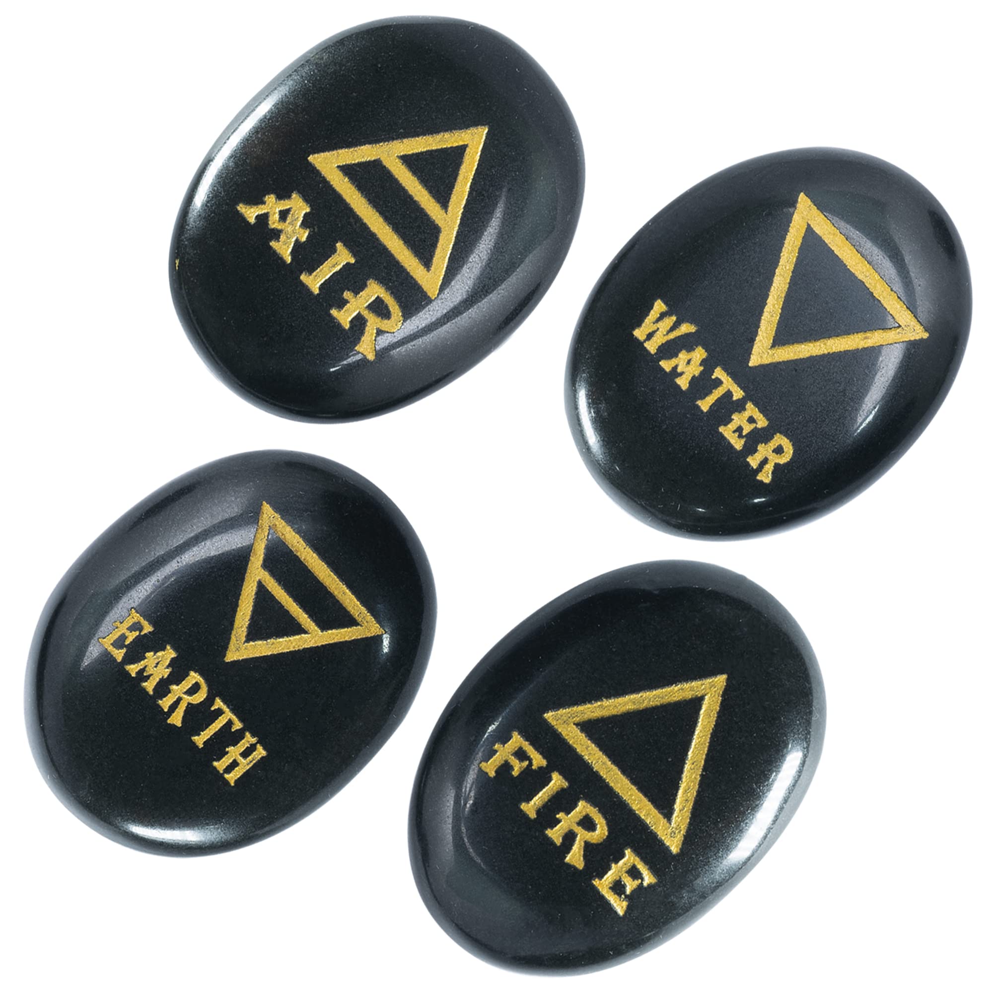 Crocon 4 Elements Black Tourmaline Stones Engraved Triangle Symbols (Earth Air Fire Water) Polished Palm Stones for Gemstone Reiki Crystals Healing