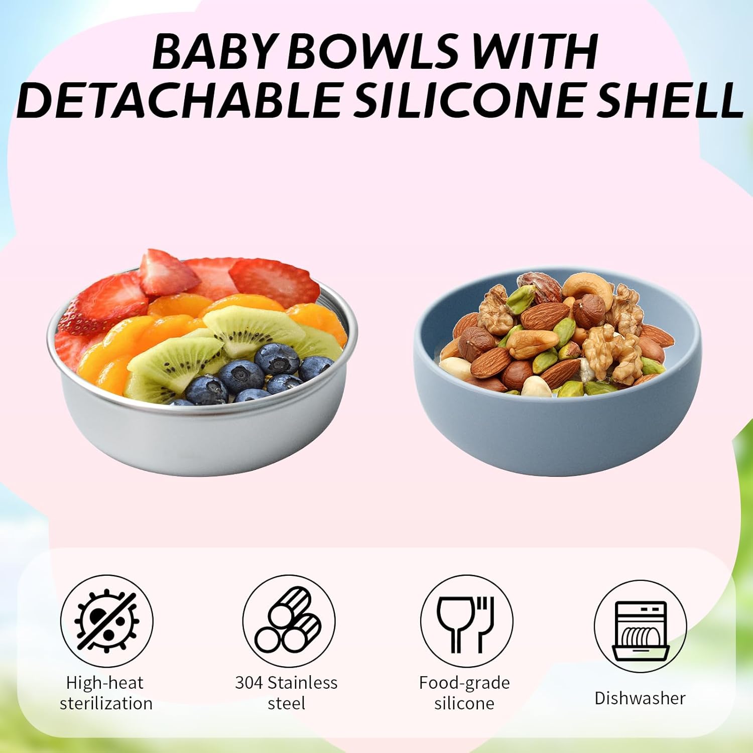 8 Pcs 304 Stainless Steel Baby Bowls with 8 Spoon Kids Bowls with Removable Silicone Shell Toddler Without Suction Bowls Anti Scald Snack Container for Dishwasher for Food Feeding(Multicolor)