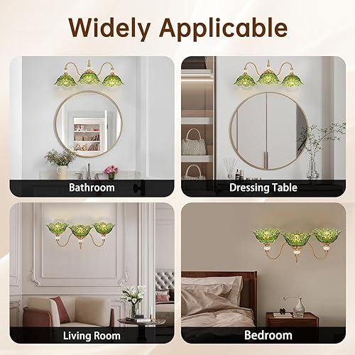 Miniatura 5 de Vintage Bathroom Vanity Light, 3-Light Matte Brass Finish Vanity Light with Floral Green Glass Shades, Retro Wall Sconce for Bathroom, Dressing Table