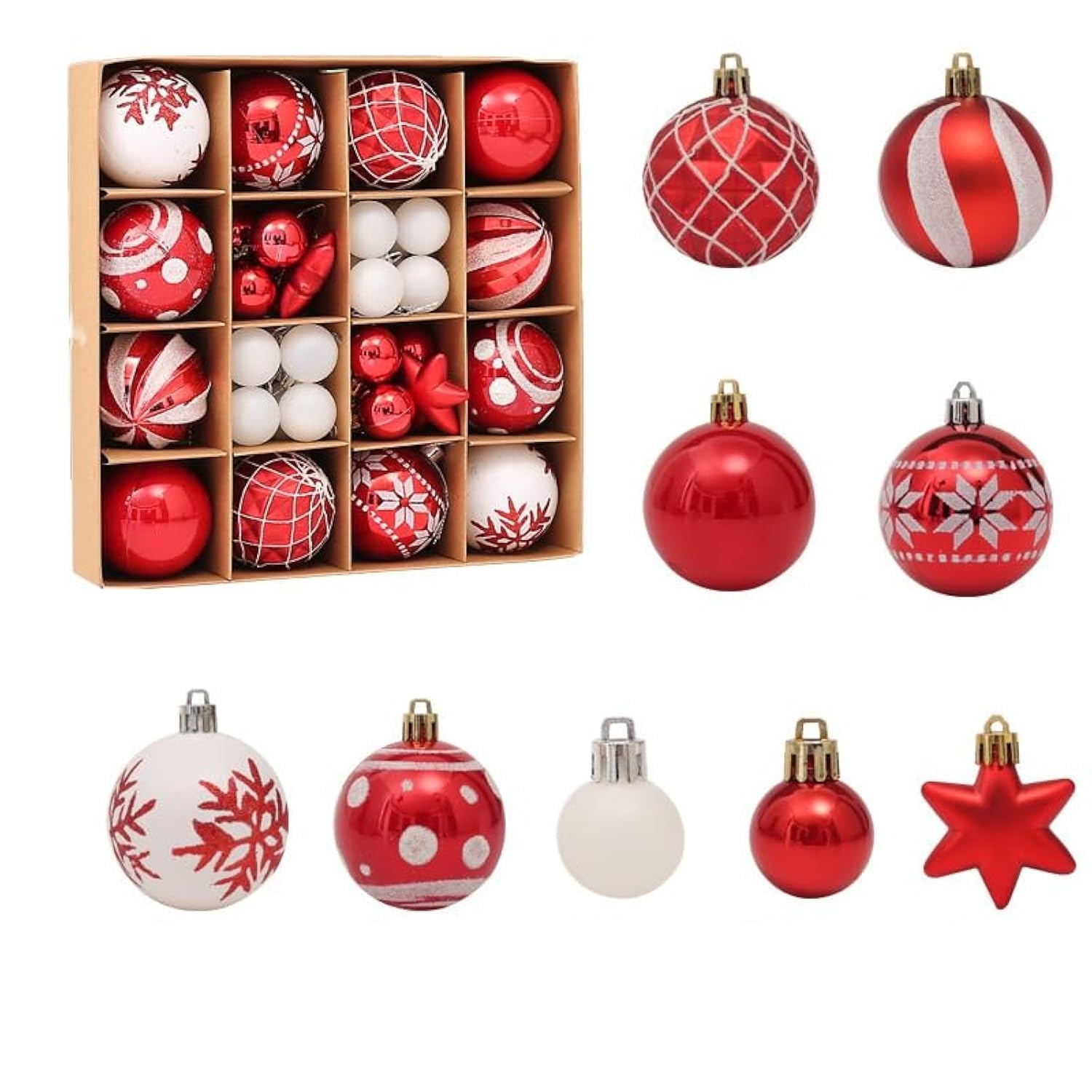 Christmas Tree Ball Ornaments Christmas Tree Decorations Xmas Shatterproof Ball Ornaments with Hanging Loop Seasonal Decorative Hanging Baubles Set (Red and White 42pcs)