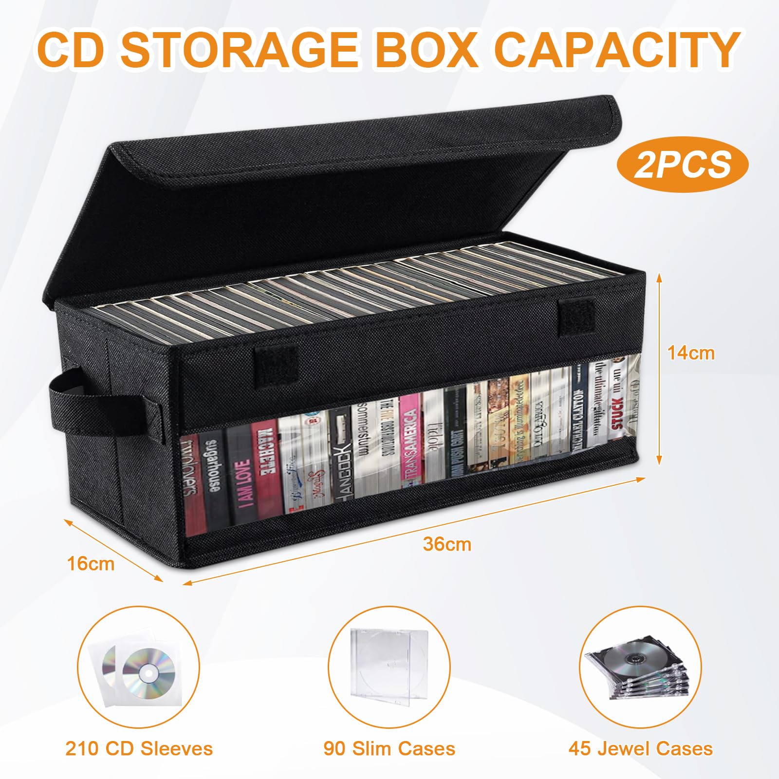 Set di 2 scatole per CD con coperchio, 35 x 15 x 14 cm, 2 scatole per CD per contenere 35 CD in scatole per gioielli, 70 CD in scatole sottili e 180
