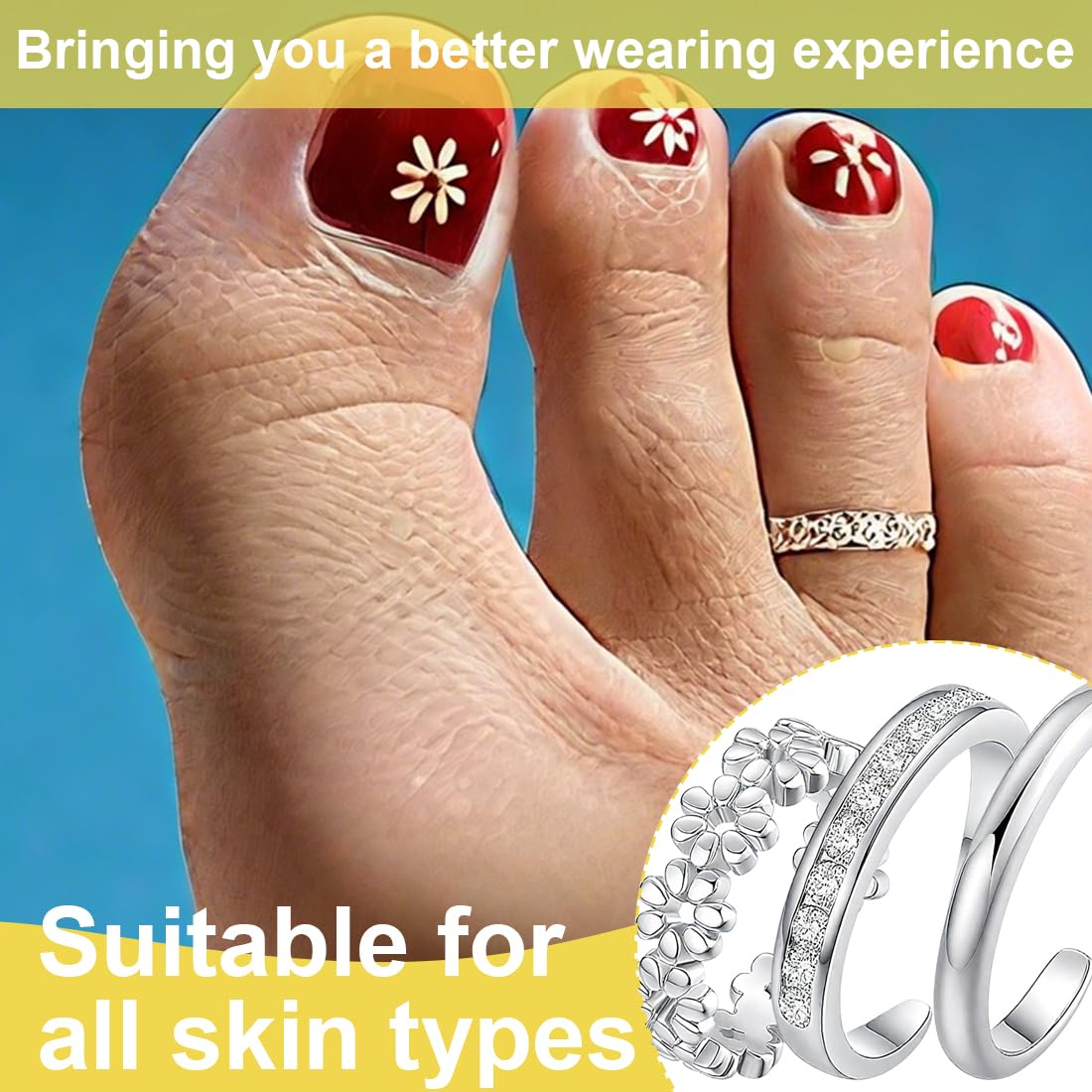 3 Stück Zehenringe Silber für Damen, Zehenring Silber, Toe Rings for Women, Fussringe Damen, Offene, Verstellbare Bandringe, Schmuckset