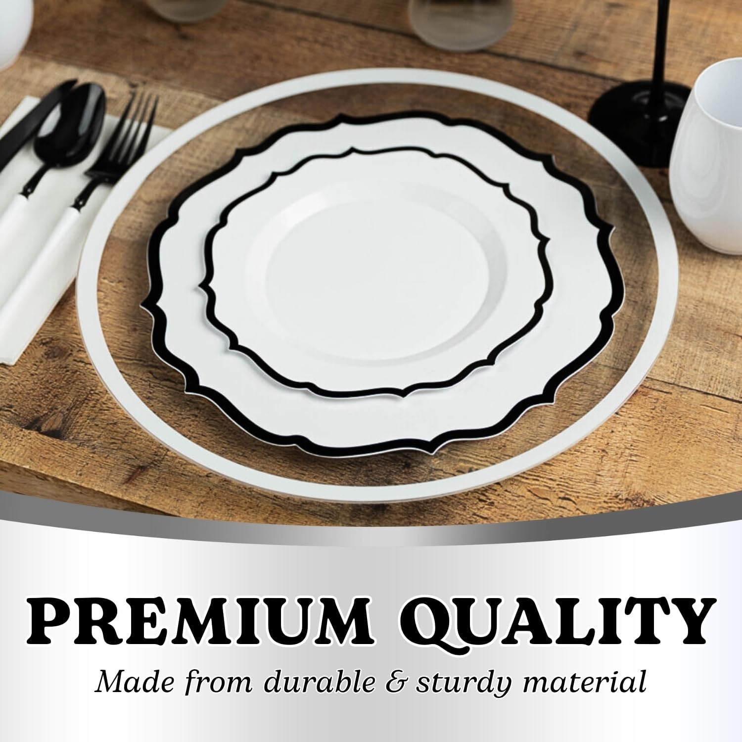 Contemporary Collection Combo White Plates with Black Rim - 7.5" - 10.5" (Pack of 32) - Sleek Modern Design - Perfect for Entertaining & Everyday Use