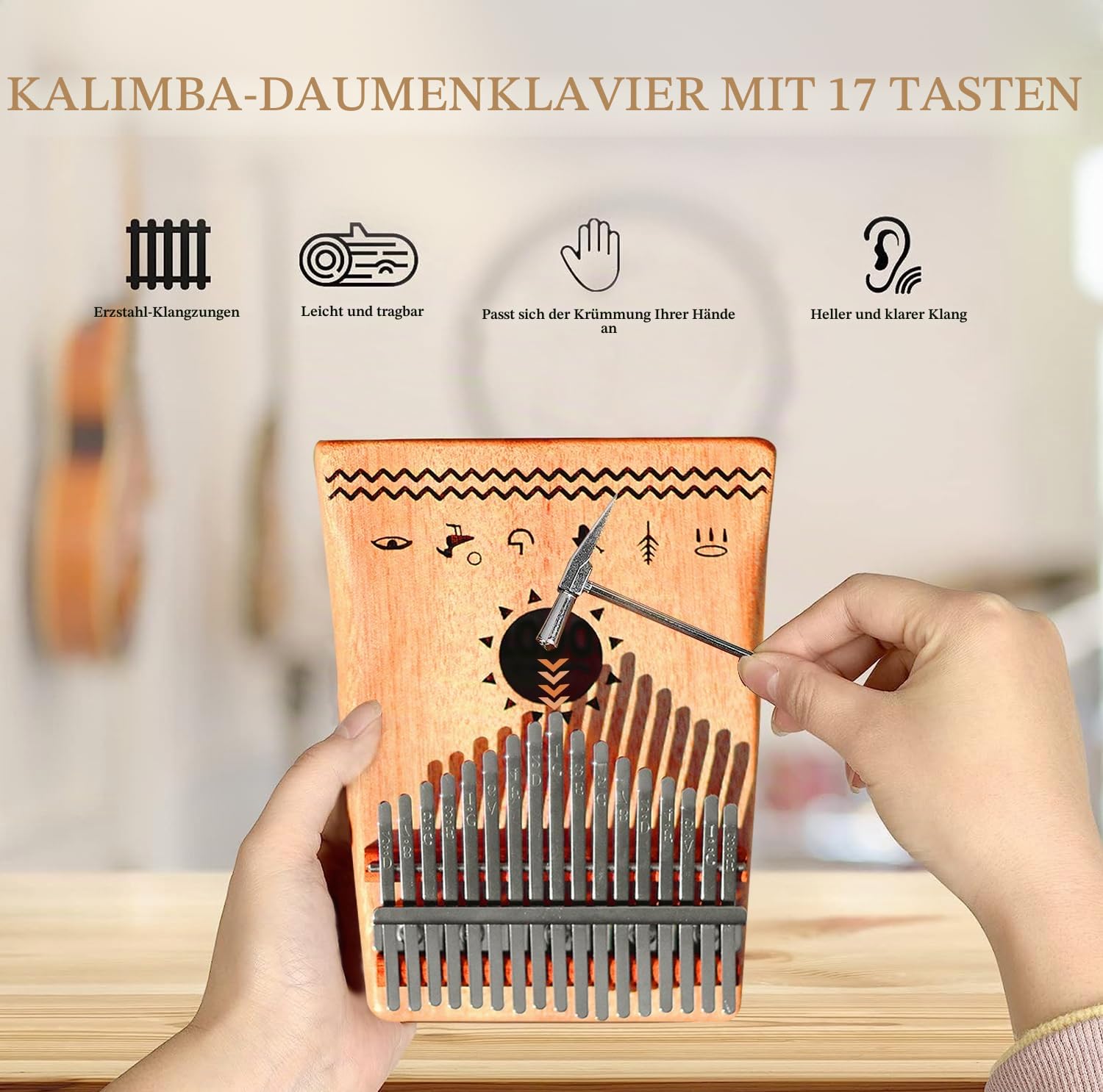 TODO Kalimba Daumenklavier mit Mahagoni-Holz mit Stimmhammer und Fingerabdeckungen & mehr Lernanleitung