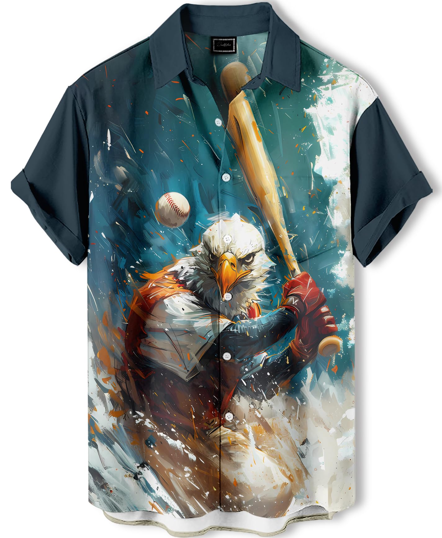 Wolf Rugby Button Down Shirt, Black and Orange Abstract Design, Short Sleeve, Regular Fit