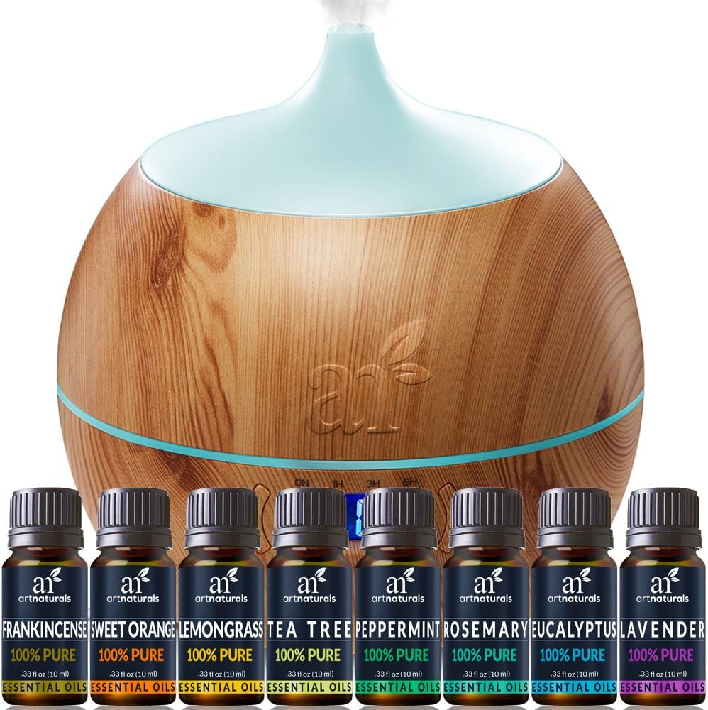artnaturals Essential Oil and Bluetooth Diffuser Set - (400ml Tank & Top 8 Oil Set) - Peppermint, Tee Tree, Lavender, & Eucalyptus - Auto Shut-Off – Therapeutic Grade