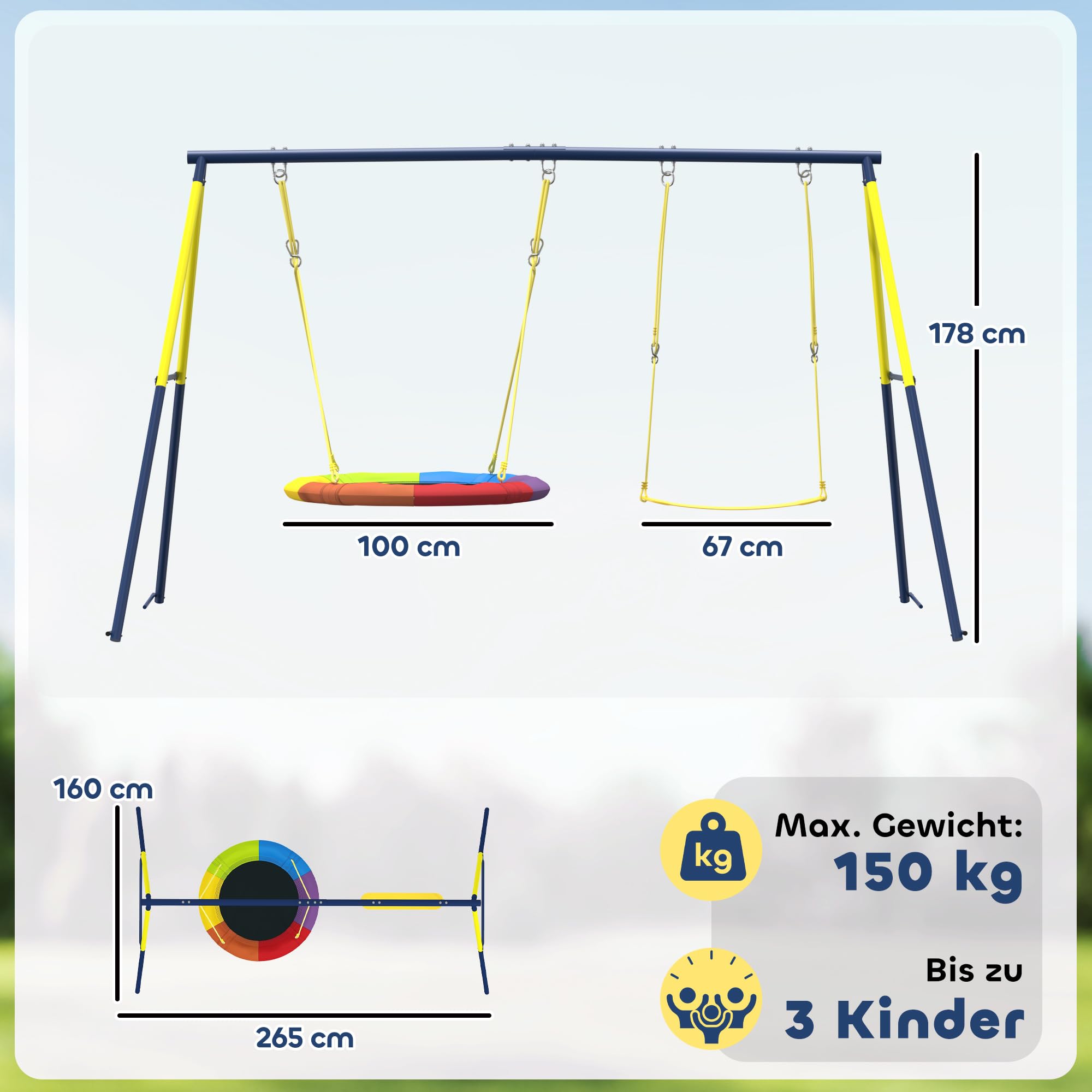 AIYAPLAY zestaw huśtawkowy do 150 kg z huśtawką typu gniazdo i huśtawką z pasami, regulowane liny, stalowa konstrukcja, dla dzieci w wieku 3-8 lat, 265 x 160 x 178 cm
