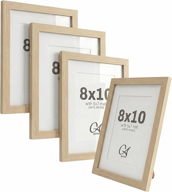 8x10 Cadres d'image avec tapis pour 5x7 Photo, 4-Pack, Finition de grain de bois naturel, Face acrylique, pour décoration maison & Galerie murale