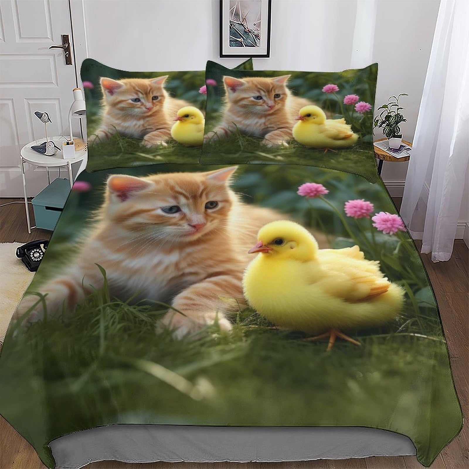 Parure de couette chat 3D anti-froissement en microfibre douce 200x200cm pour un lit double impeccable