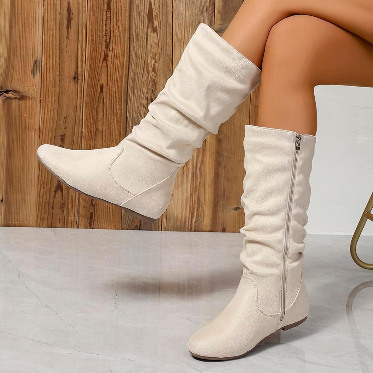 Slouchy Mid Calf Flat Boots for Women Round Toe Side Zipper Wide Width Tall Boots Soft Faux Suede Low Heel Pull On Booties Comfortable Fall Winter Fashion Outdoor Slouch Booties - Image 4