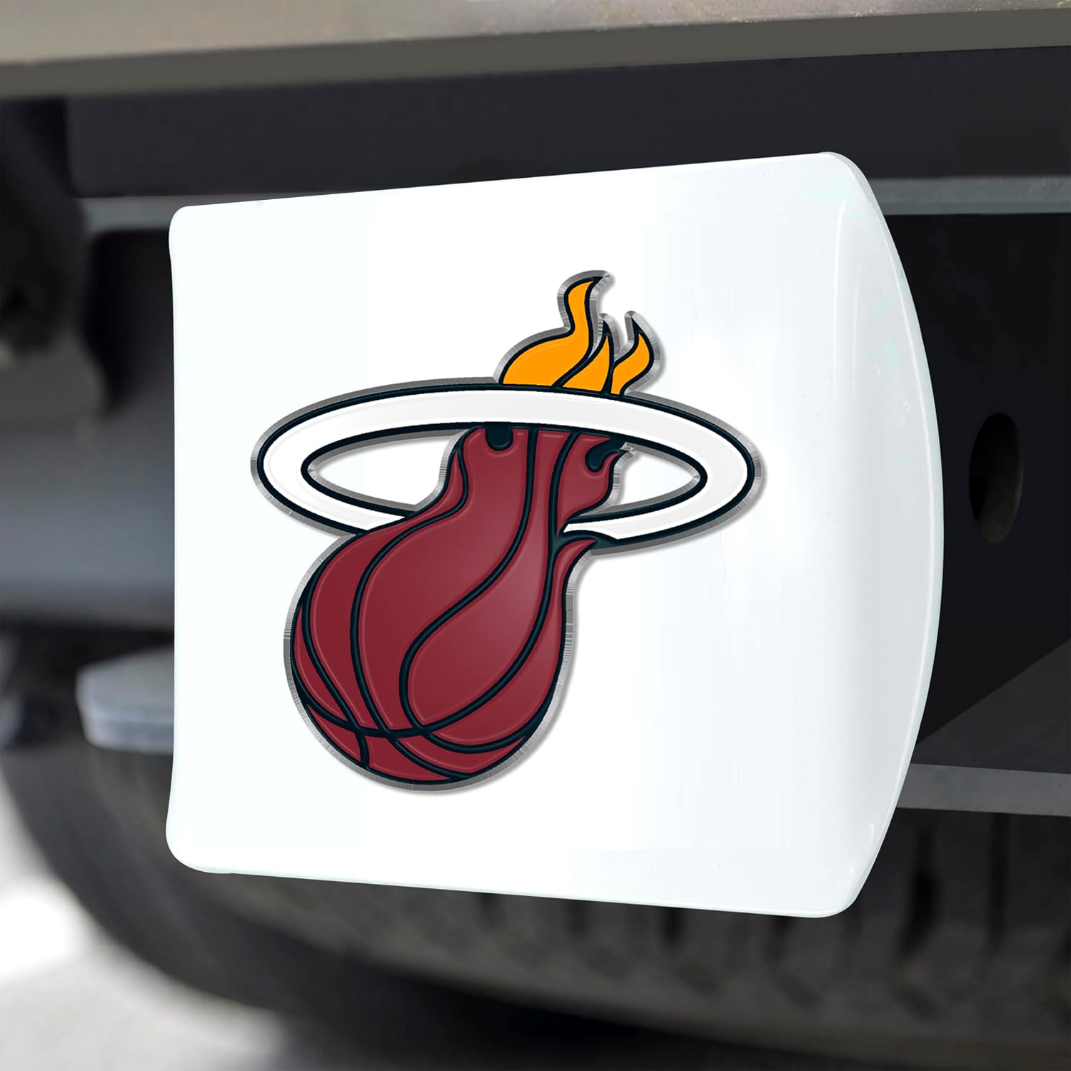 FANMATS 44111 NBA - Miami Heat Color Hitch Cover - White with Metal Chrome 3D Logo Emblem – Easy Installation on Truck, SUV, Car - Ideal Gift for Die Hard NBA Fan