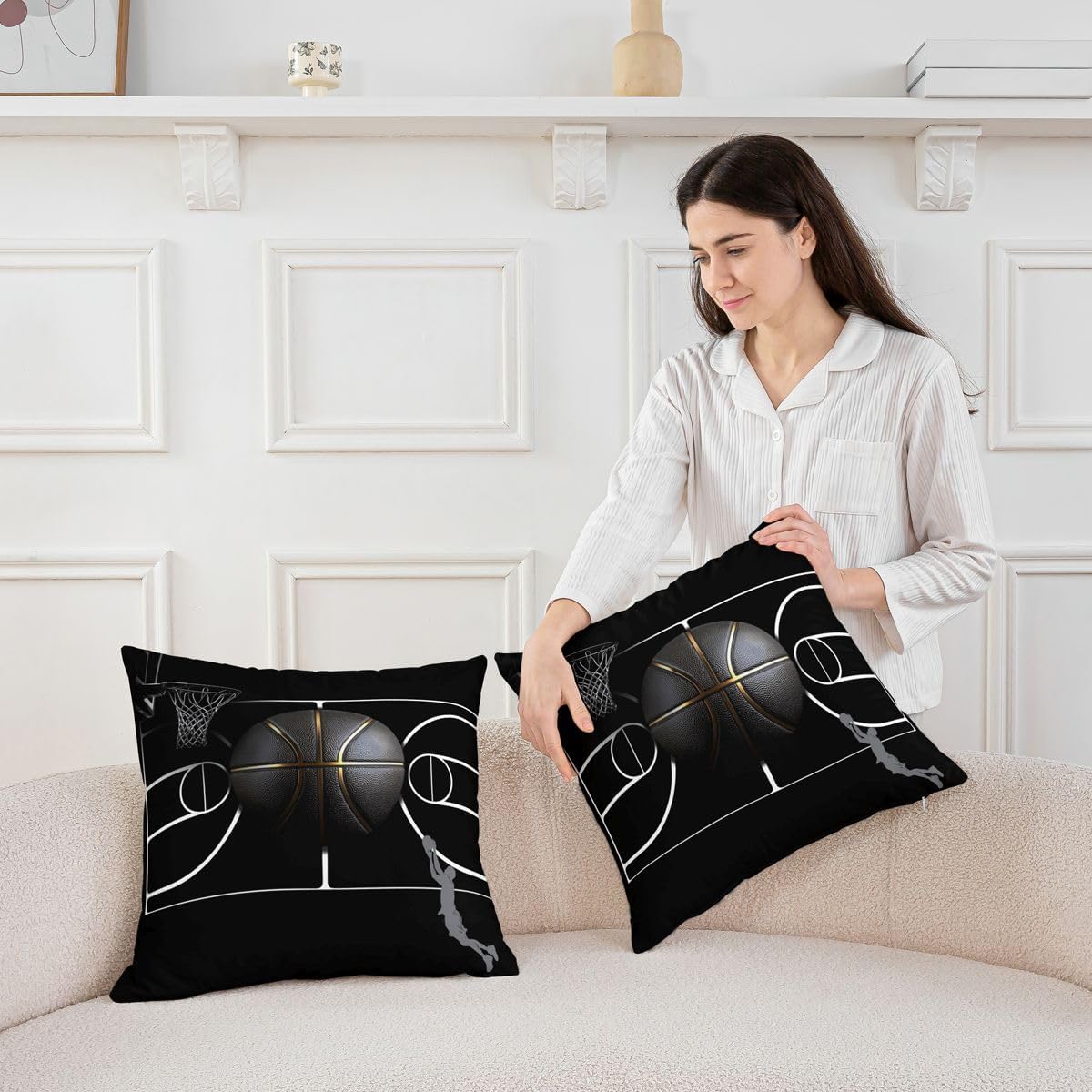 Feelyou Basketball Throw Pillow Covers Set of 2 Ball Games Square Cushion Covers Gaming Sports Pillow Case Gift for Basketball Lover Cushion Case for Couch Sofa Bedroom Decor 24 x 24-Inch image 4