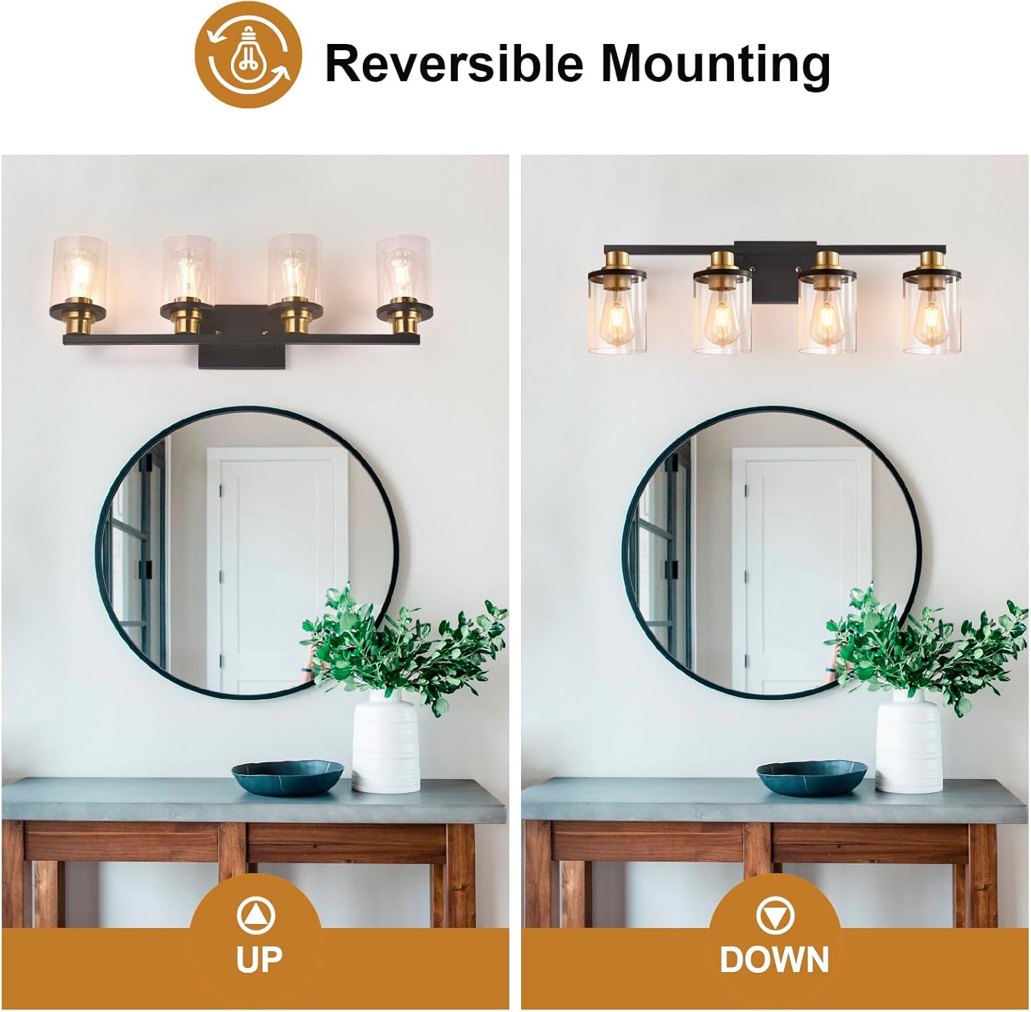 4-Lights Bathroom Vanity Light Fixtures, Modern Black Wall Lamp Over Mirror with Clear Glass Shade for Living Room, Hallway, Kitchen,Toilet, Cabinet Porch