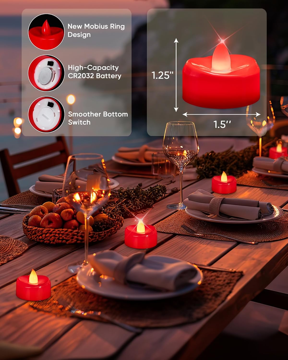 merrynights LED Candles, 24 Pack Tea Lights Candles Battery Operated, Flameless Tealight Candle, Realistic Tea Lights for Halloween Christmas Party Decor -D 1.5” x H 1.25”-Red
