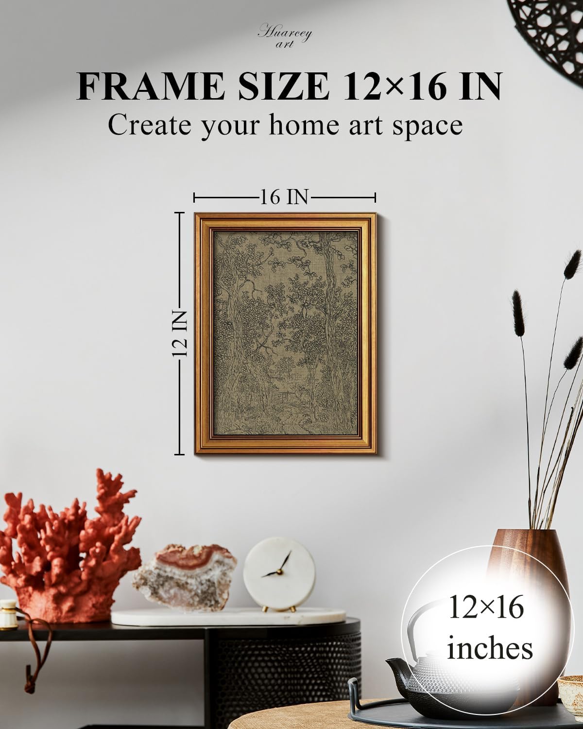 HUARCEY Gold Framed Canvas Wall Art, Antique Sketch Landscape Pictures Vintage Decor, Bedroom Kitchen Shelf Decor, Dark Moody Retro Country Farmhouse Canvas Paintings, 12x16inch