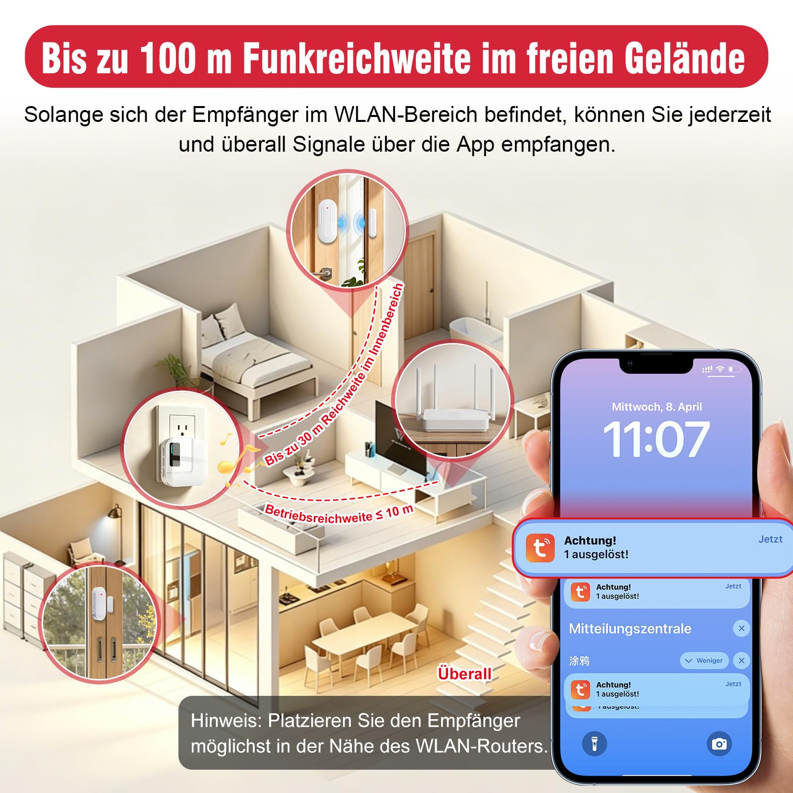 SanJie Alarma de puerta WiFi con notificación de aplicación, sensor de puerta y ventana con receptor, sensor de puerta de 110 dB, alarma para niños y mayores, sensor de puerta WiFi para hogar, oficina