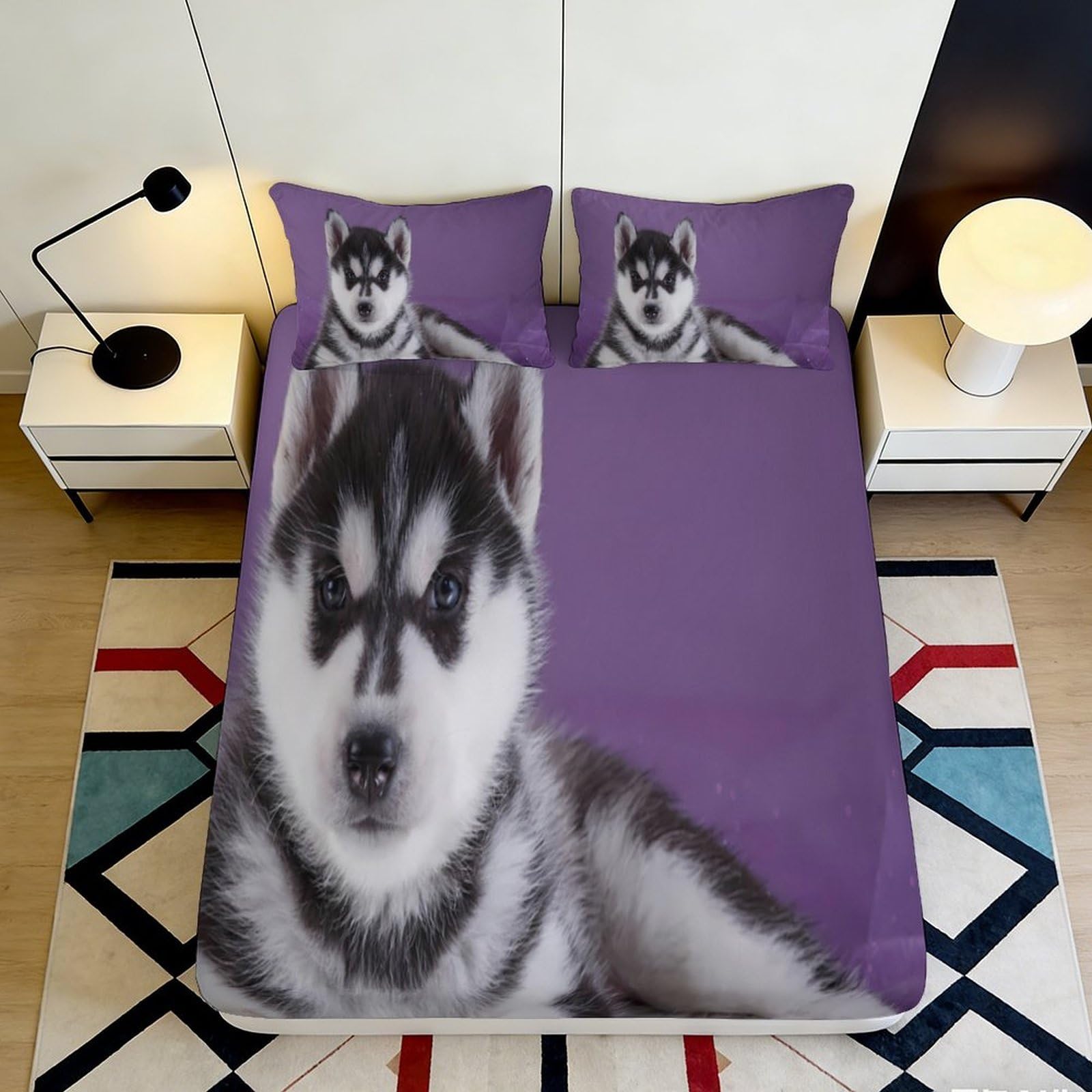 3D Printed Husky Dog Fitted Sheet Microfiber Purple Soft Breathable Siberian Puppy Bed Cover for Bedroom Dormitory Guest Room Mattress Protection 120x200x25cm