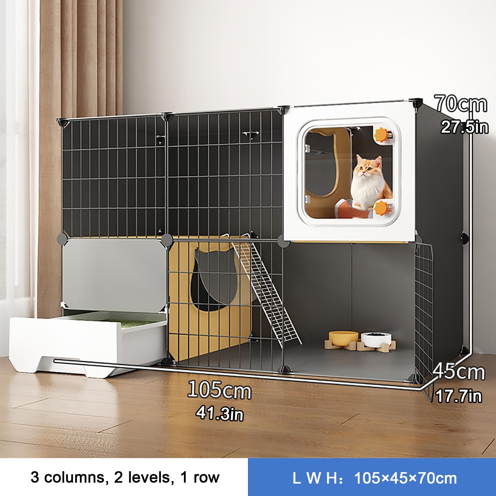 Gabbia per Gatti, Gabbia per Gatti da Interno con lettiera, Recinto in Metallo Multistrato smontabile per Piccoli Animali Domestici, Ideale per furetti, Conigli, Ricci - Design spazioso 105x