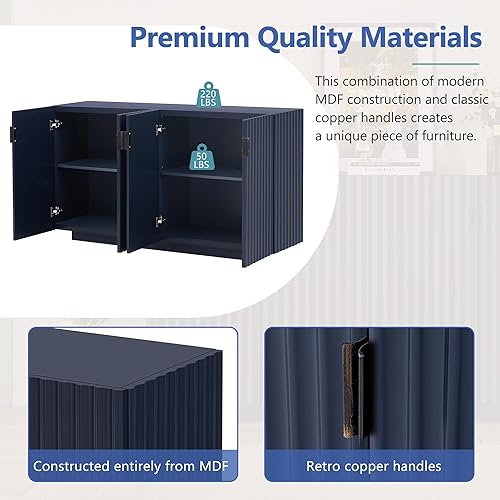 Miniatura 6 de Aparador de almacenamiento amplio de 60 pulgadas con 4 puertas onduladas con estantes ajustables, mesa consola de madera de acacia retro con asas de