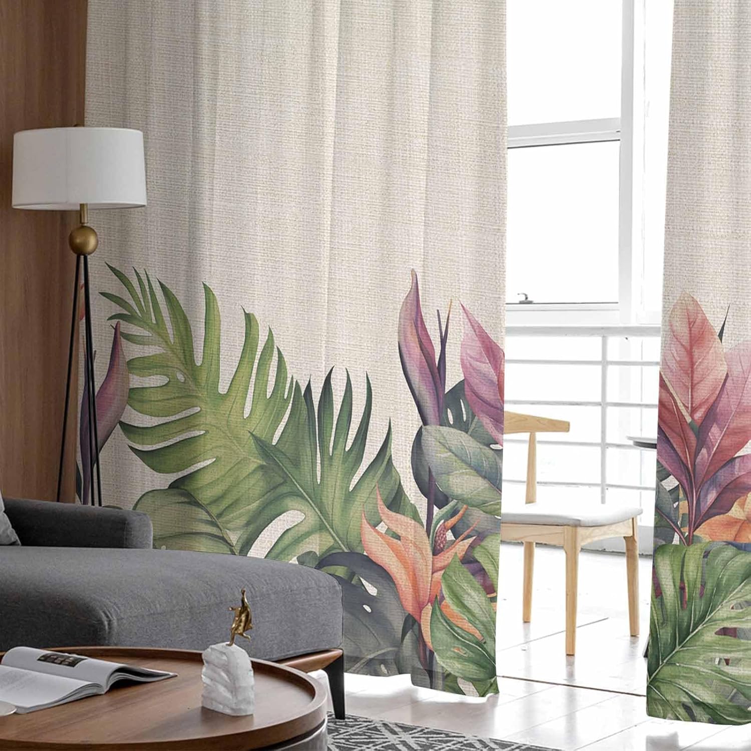 Tropical 2 PCS Semi-Sheer Chiffon Curtains 63 Inches Long, Rod Pocket Voile Curtain Panels, Window Sheer Drape Curtains for Living Room/Bedroom/Kitchen, Summer Green Palm Tree Leaves Farmhouse 104x63