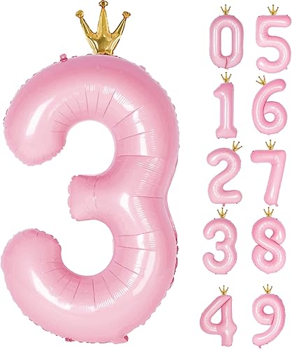 Globo del número 3 con corona, globos de número grande de 40 pulgadas, suministros de decoración de fiesta de tercer cumpleaños, color rosa