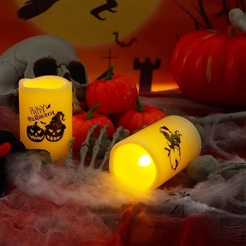 Miniatura 7 de Velas parpadeantes sin llama de Halloween de 3 x 5 pulgadas con temporizador de 6 horas, velas eléctricas LED para decoración de Halloween para