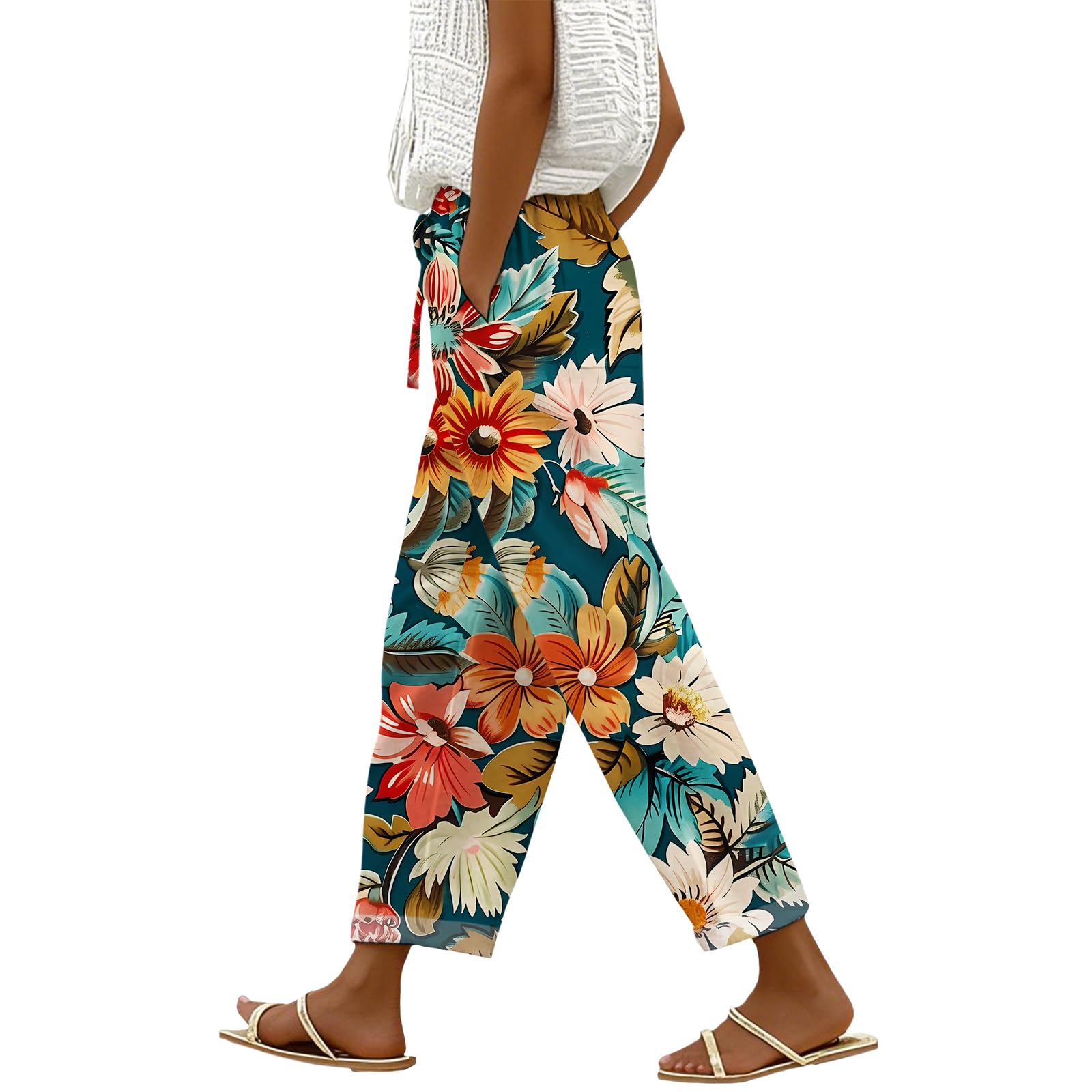 Wide Leg Pants for Women Summer Casual Floral Linen Pants Elastic Waist Drawstring Trousers with Pockets
