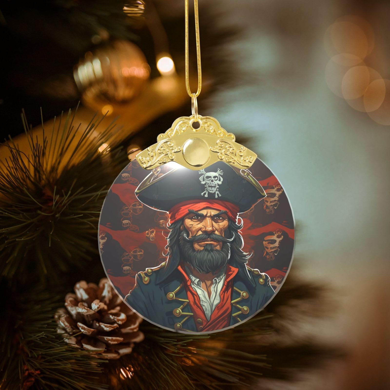 Crystal Christmas Ornaments for Christmas Tree Decoration Hanging Pirate Captain Ornament with Gold Ribbon Crafts Round Pendant for Keepsake Gifts Glass Xmas Decor Party Supplies